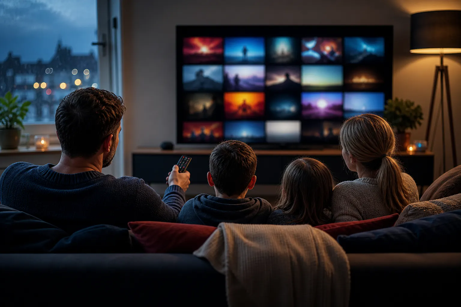 Family choosing programmes on a smart television in a modern UK living room