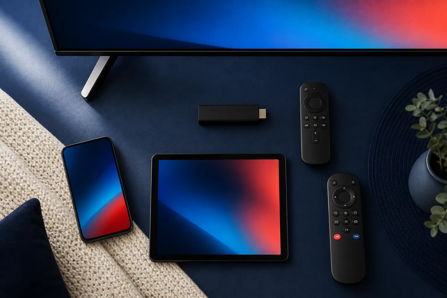 Smart television, streaming stick, tablet, phone and remote controls arranged together