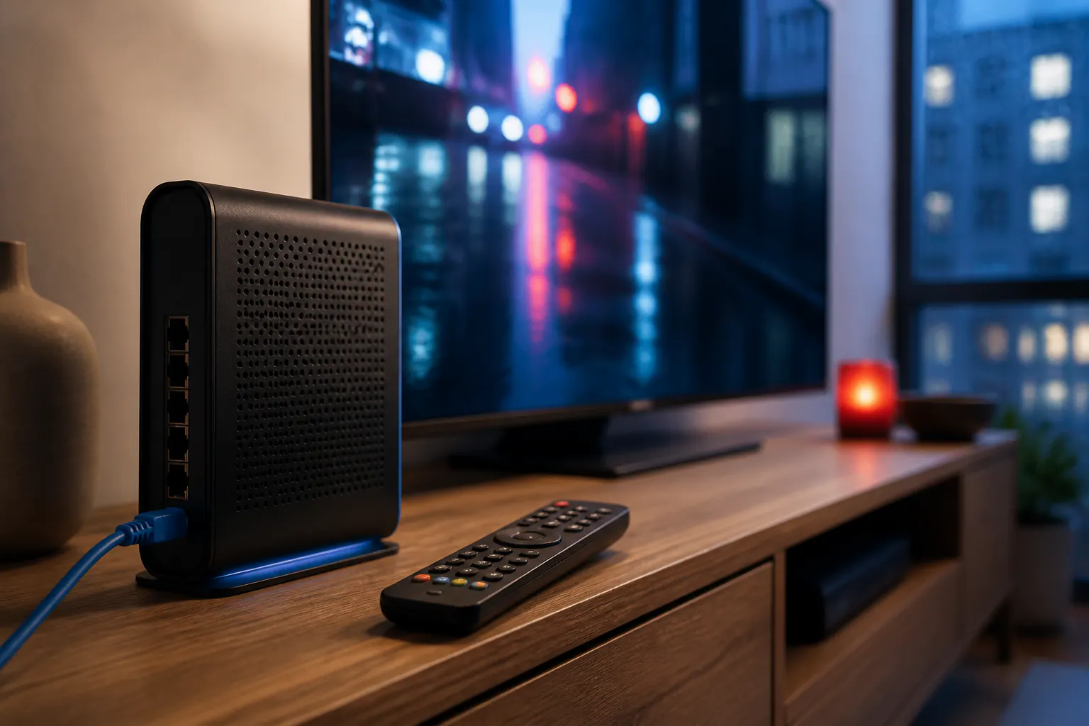 Home broadband router connected beside a television and streaming remote