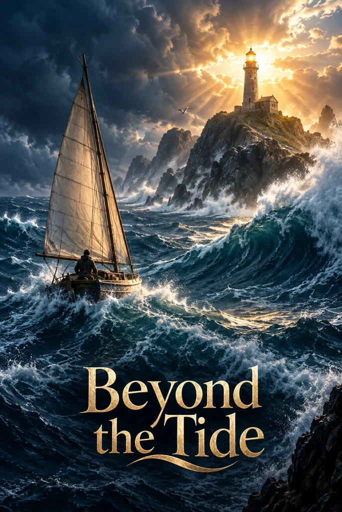 A sailboat facing stormy waves near an island lighthouse illuminated by sunlight.