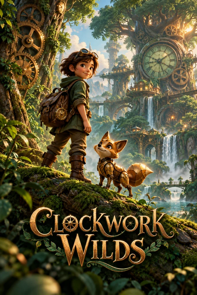 A young explorer and a small brass fox in a lush forest of giant clockwork trees.