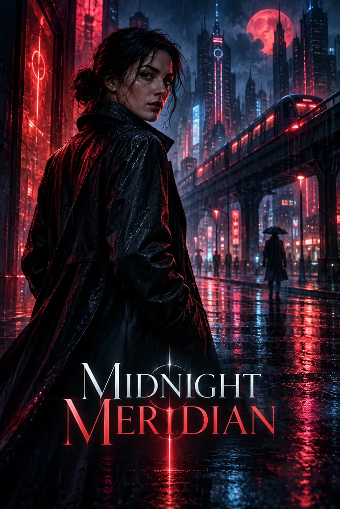 A detective in a rain-soaked neon city beneath an elevated train.