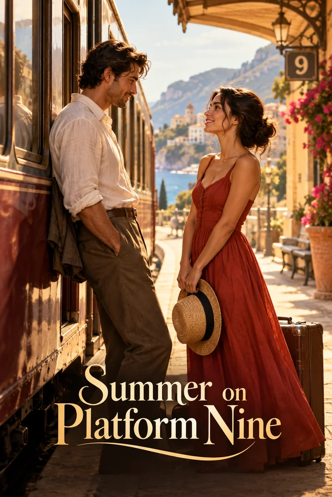 Two adults meeting beside a vintage train at a sunlit Mediterranean station.