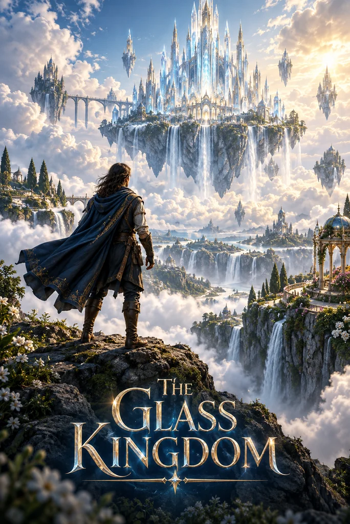 An adventurer gazing at a crystal castle floating above clouds and waterfalls.