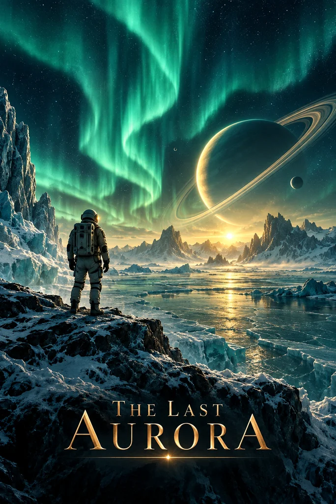 A lone astronaut beneath green auroras on an icy planet, with a ringed world overhead.